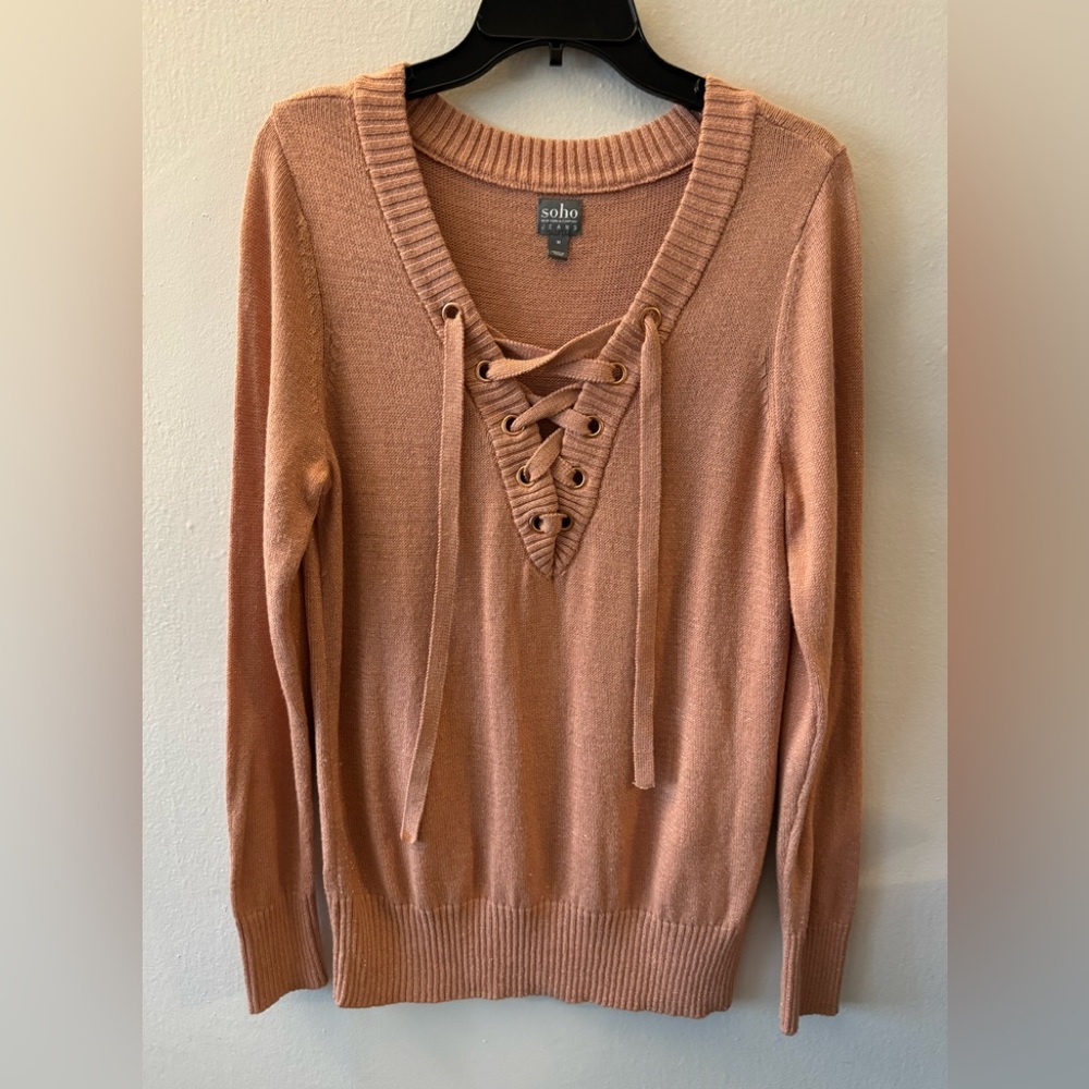 New York & Company Soho Rose Gold Lace Up Knit Sweated Top Medium